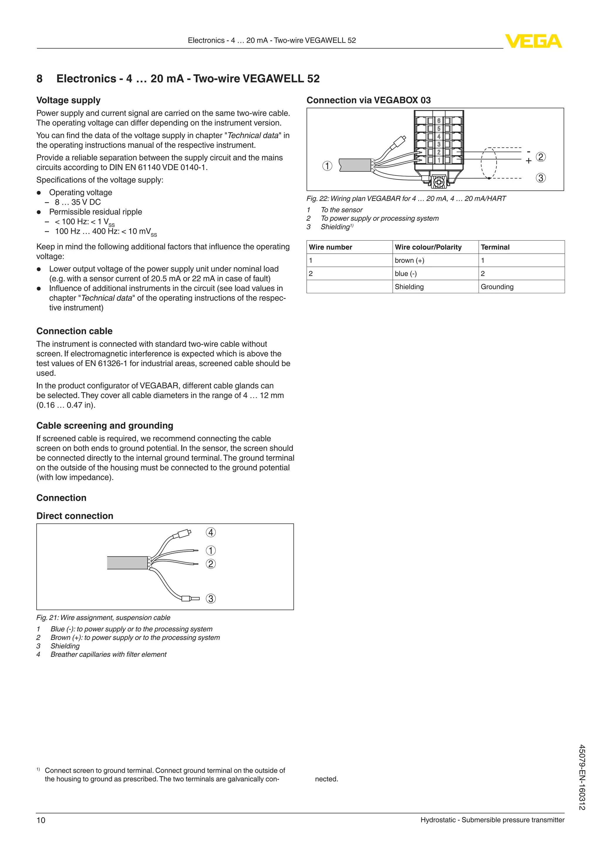 10
Electronics - 4 … 20 mA - Two-wire VEGAWELL 52
Hydrostatic - Submersible pressure transmitter
45079-EN-160312
8	 Electronics - 4 … 20 mA - Two-wire VEGAWELL 52
Voltage supply
Power supply and current signal are carried on the same two-wire cable.
The operating voltage can differ depending on the instrument version.
You can find the data of the voltage supply in chapter "Technical data" in
the operating instructions manual of the respective instrument.
Provide a reliable separation between the supply circuit and the mains
circuits according to DIN EN 61140 VDE 0140-1.
Specifications of the voltage supply:
•	 Operating voltage
–– 8 … 35 V DC
•	 Permissible residual ripple
–– < 100 Hz: < 1 VSS
–– 100 Hz … 400 Hz: < 10 mVSS
Keep in mind the following additional factors that influence the operating
voltage:
•	 Lower output voltage of the power supply unit under nominal load
(e.g. with a sensor current of 20.5 mA or 22 mA in case of fault)
•	 Influence of additional instruments in the circuit (see load values in
chapter "Technical data" of the operating instructions of the respec-
tive instrument)
Connection cable
The instrument is connected with standard two-wire cable without
screen. If electromagnetic interference is expected which is above the
test values of EN 61326-1 for industrial areas, screened cable should be
used.
In the product configurator of VEGABAR, different cable glands can
be selected.They cover all cable diameters in the range of 4 … 12 mm
(0.16 … 0.47 in).
Cable screening and grounding
If screened cable is required, we recommend connecting the cable
screen on both ends to ground potential. In the sensor, the screen should
be connected directly to the internal ground terminal.The ground terminal
on the outside of the housing must be connected to the ground potential
(with low impedance).
Connection
Direct connection
4
1
2
2
3
Fig. 21: Wire assignment, suspension cable
1	 Blue (-): to power supply or to the processing system
2	 Brown (+): to power supply or to the processing system
3	 Shielding
4	 Breather capillaries with filter element
Connection via VEGABOX 03
2
3
+
1
-
Fig. 22: Wiring plan VEGABAR for 4 … 20 mA, 4 … 20 mA/HART
1	 To the sensor
2	 To power supply or processing system
3	 Shielding1)
Wire number Wire colour/Polarity Terminal
1 brown (+) 1
2 blue (-) 2
Shielding Grounding
1)
	 Connect screen to ground terminal. Connect ground terminal on the outside of
the housing to ground as prescribed.The two terminals are galvanically con- nected.
 