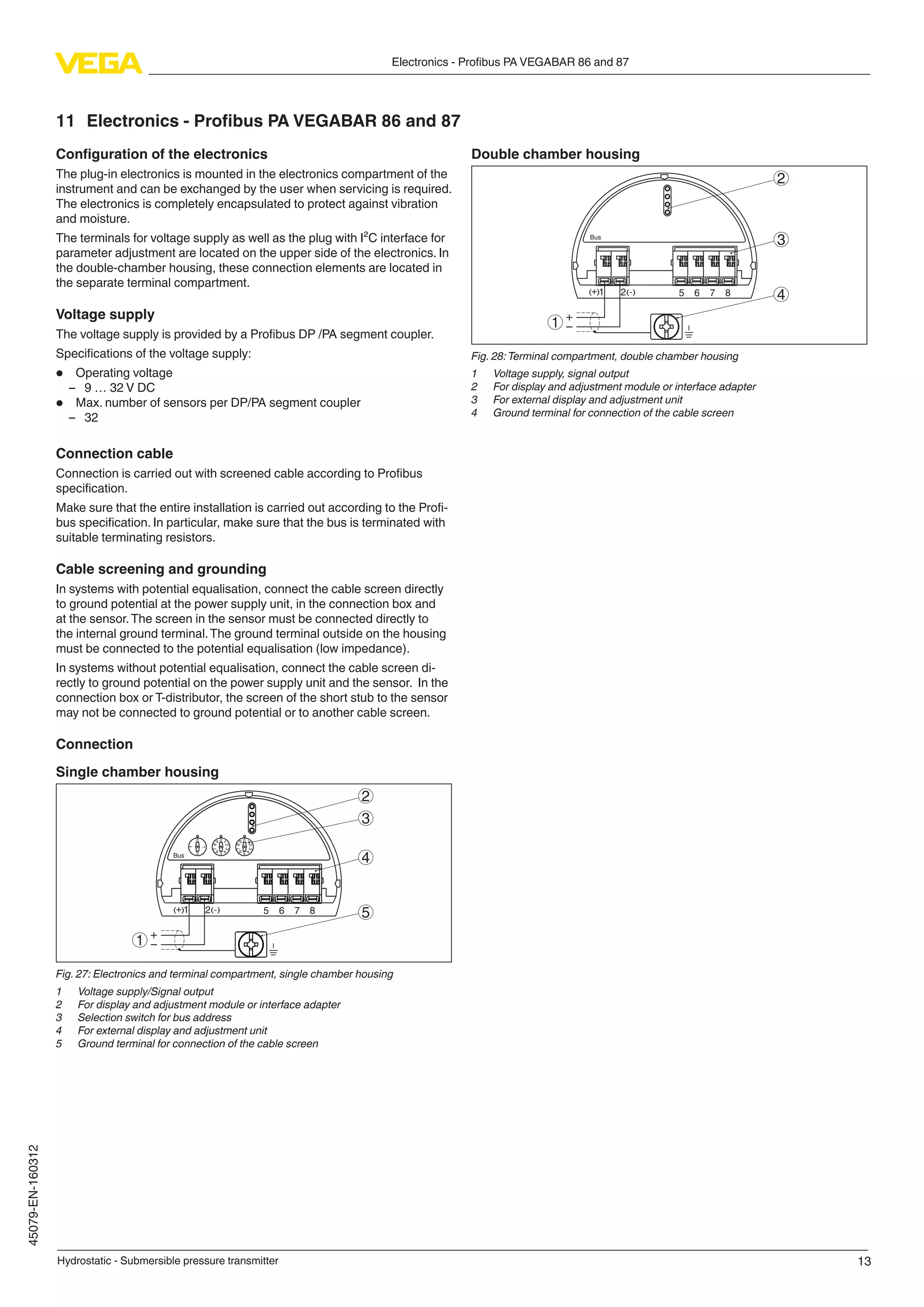 13
Electronics - Profibus PA VEGABAR 86 and 87
Hydrostatic - Submersible pressure transmitter
45079-EN-160312
11	 Electronics - Profibus PA VEGABAR 86 and 87
Configuration of the electronics
The plug-in electronics is mounted in the electronics compartment of the
instrument and can be exchanged by the user when servicing is required.
The electronics is completely encapsulated to protect against vibration
and moisture.
The terminals for voltage supply as well as the plug with I²C interface for
parameter adjustment are located on the upper side of the electronics. In
the double-chamber housing, these connection elements are located in
the separate terminal compartment.
Voltage supply
The voltage supply is provided by a Profibus DP /PA segment coupler.
Specifications of the voltage supply:
•	 Operating voltage
–– 9 … 32 V DC
•	 Max. number of sensors per DP/PA segment coupler
–– 32
Connection cable
Connection is carried out with screened cable according to Profibus
specification.
Make sure that the entire installation is carried out according to the Profi-
bus specification. In particular, make sure that the bus is terminated with
suitable terminating resistors.
Cable screening and grounding
In systems with potential equalisation, connect the cable screen directly
to ground potential at the power supply unit, in the connection box and
at the sensor.The screen in the sensor must be connected directly to
the internal ground terminal.The ground terminal outside on the housing
must be connected to the potential equalisation (low impedance).
In systems without potential equalisation, connect the cable screen di-
rectly to ground potential on the power supply unit and the sensor. In the
connection box or T-distributor, the screen of the short stub to the sensor
may not be connected to ground potential or to another cable screen.
Connection
Single chamber housing
5
0 0
5
1
6
2
7
3
8
4
9 0
5
1
6
2
7
3
8
4
9
1
0
1
6 7 8
Bus
2
3
4
51 2+( ) (-)
1
Fig. 27: Electronics and terminal compartment, single chamber housing
1	 Voltage supply/Signal output
2	 For display and adjustment module or interface adapter
3	 Selection switch for bus address
4	 For external display and adjustment unit
5	 Ground terminal for connection of the cable screen
Double chamber housing
Bus
51 2+( ) (-) 6 7 8
2
3
4
1
Fig. 28:Terminal compartment, double chamber housing
1	 Voltage supply, signal output
2	 For display and adjustment module or interface adapter
3	 For external display and adjustment unit
4	 Ground terminal for connection of the cable screen
 