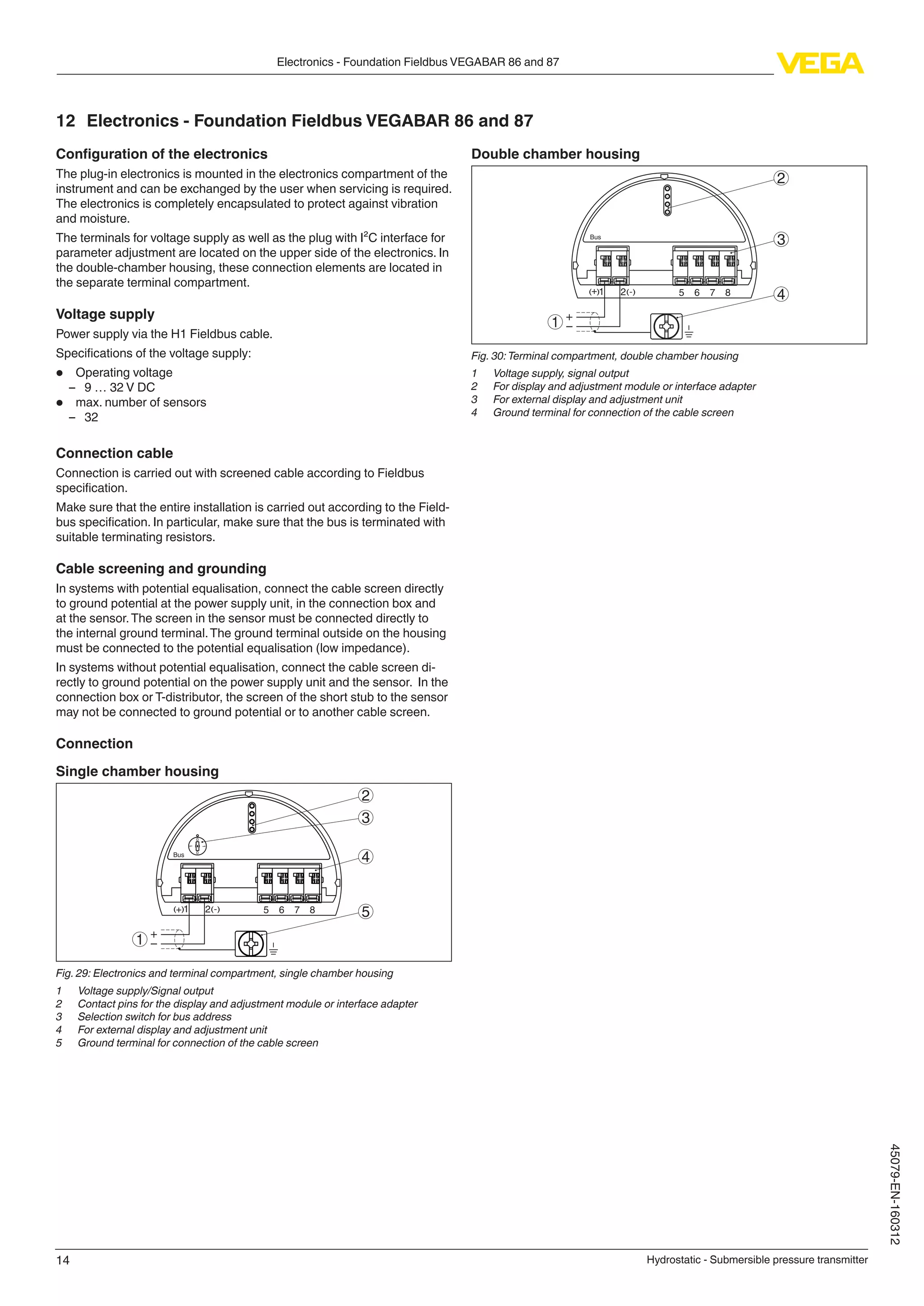 14
Electronics - Foundation Fieldbus VEGABAR 86 and 87
Hydrostatic - Submersible pressure transmitter
45079-EN-160312
12	 Electronics - Foundation Fieldbus VEGABAR 86 and 87
Configuration of the electronics
The plug-in electronics is mounted in the electronics compartment of the
instrument and can be exchanged by the user when servicing is required.
The electronics is completely encapsulated to protect against vibration
and moisture.
The terminals for voltage supply as well as the plug with I²C interface for
parameter adjustment are located on the upper side of the electronics. In
the double-chamber housing, these connection elements are located in
the separate terminal compartment.
Voltage supply
Power supply via the H1 Fieldbus cable.
Specifications of the voltage supply:
•	 Operating voltage
–– 9 … 32 V DC
•	 max. number of sensors
–– 32
Connection cable
Connection is carried out with screened cable according to Fieldbus
specification.
Make sure that the entire installation is carried out according to the Field-
bus specification. In particular, make sure that the bus is terminated with
suitable terminating resistors.
Cable screening and grounding
In systems with potential equalisation, connect the cable screen directly
to ground potential at the power supply unit, in the connection box and
at the sensor.The screen in the sensor must be connected directly to
the internal ground terminal.The ground terminal outside on the housing
must be connected to the potential equalisation (low impedance).
In systems without potential equalisation, connect the cable screen di-
rectly to ground potential on the power supply unit and the sensor. In the
connection box or T-distributor, the screen of the short stub to the sensor
may not be connected to ground potential or to another cable screen.
Connection
Single chamber housing
1 2( ) (-)
1
5
0
1
0
1
+ 6 7 8
Bus
2
3
4
5
Fig. 29: Electronics and terminal compartment, single chamber housing
1	 Voltage supply/Signal output
2	 Contact pins for the display and adjustment module or interface adapter
3	 Selection switch for bus address
4	 For external display and adjustment unit
5	 Ground terminal for connection of the cable screen
Double chamber housing
Bus
51 2+( ) (-) 6 7 8
2
3
4
1
Fig. 30:Terminal compartment, double chamber housing
1	 Voltage supply, signal output
2	 For display and adjustment module or interface adapter
3	 For external display and adjustment unit
4	 Ground terminal for connection of the cable screen
 