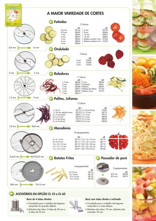 Service clients France : Tél. : 03 85 69 50 00 – Fax : 03 85 69 50 07
email : france@robot-coupe.fr
Direction Générale, France, Internationale et Marketing :
Tél.: +33 1 43 98 88 33 - Fax : +33 1 43 74 36 26
email : international@robot-coupe.com
Australia : T (02) 9478 0300 - F (02) 9460 7972
email : orders@robot-coupe.com.au
Belgium : Tél.: (071) 59 32 62 - Fax : (071) 59 36 04
email : info@robot-coupe.be
España : Tel.: (93) 741 10 23 - Fax : (93) 741 12 73
email : robot-coupe@robot-coupe.e.telefonica.net
Portugal : Zona norte n° 91 87 54 388 - Zona centro-Sul n° 91 95 56 569
email : international@robot-coupe.com
Italia : MAX MEC SRL - Tel : 051726810 - Fax : 051726812
email : info@maxmec.it
New Zeland : T 0800 716161 - F 0800 716162
email: orders@robotcoupe.com.au
UK : T: +44(0) 20 8232 1800
email : sales@robotcoupe.co.uk
U.S.A. : Ph : 800/824-1646 • 601/898-8411 - fax: 601/898-9134
email : info@robot-coupeusa.com
GUIDE DE SÉLECTION DISQUES - DISCS SELECTION GUIDE
KEUREGIDS VOOR DE SCHIJVEN
GUIA DE SELECCION DE DISCOS - GUIDA ALLA SELEZIONE DEI DISCHI
GUIA DE SELEÇCÃO DE DISCOS
www.robot-coupe.com
disque fr-uk-hol-esp-it-port 2010_disque fr/uk/hol/esp/it/port 30/10/12 14:42 Page1
Fatiados
A MAIOR VARIEDADE DE CORTES
	 ref.
0,6 mm	 28166
0,8 mm	 28069
1 mm	 28062
2 mm	 28063
3 mm	 28064
4 mm	 28004
5 mm	 28065
13 discos
2 mm 5 mm
ref.
2 mm 27068
3 mm 27069
5 mm 27070
3 discos
1,8 mm 8x8 mm
8x8 mm 10x16 mm
4 equipamentos
2 equipamentos
Macedónia
Batatas Fritas Passador de puré
ref.
9 mm 28060
Parmesan28061
Rabano28055
Batatas tipo Röstis 27164
Batatas cruas	 27219
ref.
1,5 mm 28056
2 mm 28057
3 mm 28058
4 mm 28073
5 mm 28059
7 mm 	 28016
11 discos
	 ref.
6 mm	 28196
8 mm	 28066
10 mm	 28067
14 mm	 28068
Batatas cozidas 4 mm	 27244
Batatas cozidas 6 mm	 27245
Ondulado
1,5 mm 9 mm
Raladores
Palitos, Julianas
ref.
1 x 8 mm  28172
1 x 26 mm cebola/couve 28153
2 x 2 mm (aipo) 28051
2,5 x 2,5 mm 28195
2 x 4 mm (tiras) 27072
2 x 6 mm (tiras) 27066
ref.
2 x 8 mm (tiras) 27067
2 x 10 mm 28173
3 x 3 mm 28101
4 x 4 mm 28052
6 x 6 mm 28053
8 x 8 mm 28054
12 discos
ref.
5 x 5 x 5 mm 28110
8 x 8 x 8 mm  28111
10 x 10 x 10 mm 28112
12 x 12 x 12 mm	 28197
14 x 14 x 5 mm  28181
ref.
14 x 14 x 10 mm 28179
14 x 14 x 14 mm 28113
20 x 20 x 20 mm  28114
25 x 25 x 25 mm 28115
50 x 70x 25 mm  28180
10 equipamentos
	 ref.
8 x 8 mm	 28134
8 x 16 mm	 28159
10 x 10 mm	 28135
10 x 16 mm	 28158
	 ref.
Ø 3 mm	 28208
Ø 6 mm	 28210
Boca de 4 tubos direitos
• 
Concebida para o trabalho dos legumes
compridos em grandes débitos.
• 
Diâmetro dos tubos: 2 tubos de 50 mm e
2 tubos de 70 mm.
Boca com tubos direito e inclinado
• 
Concebida para o trabalho dos legumes
compridos e o corte oblíquo.
• 
Diâmetro dos tubos: 70 mm; diâmetro das
inserções: 50 mm.
ACESSÓRIOS EM OPÇÃO CL 55 e CL 60
+
0,6 mm 14 mm
5x5x5 mm 50x70x25 mm
 