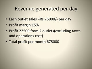 Profit Generated per month excluding
taxes
• Gross profit=Rs.675000/-
• Total expenses incurred =Rs.366000/-
• PBT (675000...