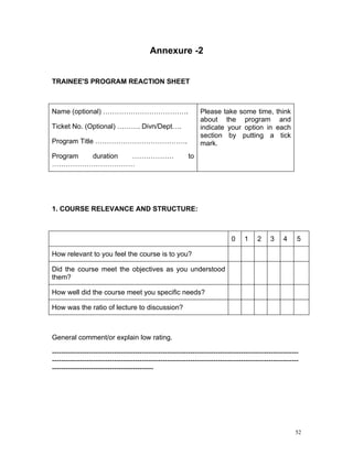 Annexure -2


TRAINEE'S PROGRAM REACTION SHEET



Name (optional) ……………………………….                                   Please take some time, think
                                                                about the program and
Ticket No. (Optional) ………. Divn/Dept….                          indicate your option in each
                                                                section by putting a tick
Program Title ………………………………….                                    mark.
Program duration ………………                                    to
………………………………




1. COURSE RELEVANCE AND STRUCTURE:



                                                                             0     1     2    3     4     5

How relevant to you feel the course is to you?

Did the course meet the objectives as you understood
them?

How well did the course meet you specific needs?

How was the ratio of lecture to discussion?



General comment/or explain low rating.

-----------------------------------------------------------------------------------------------------------
-----------------------------------------------------------------------------------------------------------
--------------------------------------------




                                                                                                         52
 