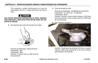 CAPÍTULO 6 - ESPECIFICAÇÕES GERAIS E MANUTENÇÃO DO OPERADOR
6-26 – Plataforma elevatória JLG – 3122365
*Se necessário, instalar lubrificadores no corpo da
engrenagem sem-fim e massa lubrificante na chuma-
ceira.
NÃO ATESTAR DEMASIADO ENGRENAGENS DA PONTA. ENGRENA-
GENS DEMASIADO LUBRIFICADAS RESULTAM EM DANOS DOS VEN-
DANTES DA UNIDADE.
3. Chumaceiras das rodas (Só tracção às 2 rodas)
Ponto(s) de lubrificação - Reacondicionar
Capacidade - A/R
Lubrificação - MPG
Intervalo - A cada 2 anos ou 1200 horas de
funcionamento
4. Cubo de tracção da roda
Ponto(s) de lubrificação - Nível/Bujão de enchimento
Capacidade - 0,7 l (23.5 oz) - 1/2 depósito
Lubrificação - EPGL
Intervalo - Verificar o nível a cada 3 meses ou 150 horas
de funcionamento; mudar a cada 2 anos ou 1200 horas
de funcionamento
5. Filtro hidráulico de retorno
Intervalo - Mudar após as primeiras 50 horas e a cada 6
meses ou 300 horas posteriores ou tal como indicado
pelo Indicador de Condição.
 