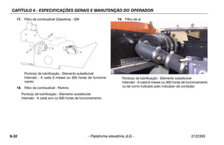 CAPÍTULO 6 - ESPECIFICAÇÕES GERAIS E MANUTENÇÃO DO OPERADOR
6-32 – Plataforma elevatória JLG – 3122365
17. Filtro de combustível (Gasolina) - GM
Ponto(s) de lubrificação - Elemento substituível
Intervalo - A cada 6 meses ou 300 horas de funciona-
mento
18. Filtro de combustível - Perkins
Ponto(s) de lubrificação - Elemento substituível
Intervalo - A cada ano ou 600 horas de funcionamento
19. Filtro de ar
Ponto(s) de lubrificação - Elemento substituível
Intervalo - A cada 6 meses ou 300 horas de funcionamento
ou tal como indicado pelo indicador de condição
 