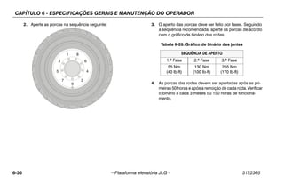 CAPÍTULO 6 - ESPECIFICAÇÕES GERAIS E MANUTENÇÃO DO OPERADOR
6-36 – Plataforma elevatória JLG – 3122365
2. Aperte as porcas na sequência seguinte: 3. O aperto das porcas deve ser feito por fases. Seguindo
a sequência recomendada, aperte as porcas de acordo
com o gráfico de binário das rodas.
4. As porcas das rodas devem ser apertadas após as pri-
meiras 50 horas e após a remoção de cada roda. Verificar
o binário a cada 3 meses ou 150 horas de funciona-
mento.
Tabela 6-28. Gráfico de binário das jantes
SEQUÊNCIA DE APERTO
1.ª Fase 2.ª Fase 3.ª Fase
55 Nm
(40 lb-ft)
130 Nm
(100 lb-ft)
255 Nm
(170 lb-ft)
 
