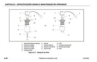 CAPÍTULO 6 - ESPECIFICAÇÕES GERAIS E MANUTENÇÃO DO OPERADOR
6-40 – Plataforma elevatória JLG – 3122365
1 1
2 13
3 3
4 4
5 5
6
7 7
8 8
9 9
OR
10 10
11
11
12
ou
1. Solenóidedebloqueioeléctrico
2. Placademontagem
3. Vedantedaunidade
4. Electroímandofiltro
5. Unidadedofiltro
6. Vedante
7. Conectoreléctrico
8. Saídadocombustível
9. Juntacircular
10. Filtro
11. Entradadocombustível
12. Parafusoderetenção
13. Anel
Figura 6-11. Bloqueio do filtro
 