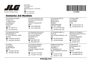 Contactos JLG Mundiais
JLG Industries (Australia)
P.O. Box 5119
11 Bolwarra Road
Port Macquarie
N.S.W. 2444
Australia
+61 2 65 811111
+61 2 65 810122
JLG Latino Americana Ltda.
Rua Eng. Carlos Stevenson,
80-Suite 71
13092-310 Campinas-SP
Brazil
+55 19 3295 0407
+55 19 3295 1025
JLG Industries (UK) Ltd
Bentley House
Bentley Avenue
Middleton
Greater Manchester
M24 2GP - England
+44 (0)161 654 1000
+44 (0)161 654 1001
JLG France SAS
Z.I. de Baulieu
47400 Fauillet
France
+33 (0)5 53 88 31 70
+33 (0)5 53 88 31 79
JLG Deutschland GmbH
Max-Planck-Str. 21
D - 27721 Ritterhude - Ihlpohl
Germany
+49 (0)421 69 350 20
+49 (0)421 69 350 45
JLG Equipment Services Ltd.
Rm 1107 Landmark North
39 Lung Sum Avenue
Sheung Shui N. T.
Hong Kong
(852) 2639 5783
(852) 2639 5797
JLG Industries (Italia) s.r.l.
Via Po. 22
20010 Pregnana Milanese - MI
Italy
+39 029 359 5210
+39 029 359 5845
Oshkosh-JLG Singapore
Technology Equipment Pte Ltd
29 Tuas Ave 4,
Jurong Industrial Estate
Singapura, 639379
+65-6591 9030
+65-6591 9031
JLG Polska
UI. Krolewska
00-060 Warsawa
Poland
+48 (0)914 320 245
+48 (0)914 358 200
JLG Industries (Scotland)
Wright Business Centre
1 Lonmay Road
Queenslie, Glasgow G33 4EL
Scotland
+44 (0)141 781 6700
+44 (0)141 773 1907
Plataformas Elevadoras
JLG Iberica, S.L.
Trapadella, 2
P.I. Castellbisbal Sur
08755 Castellbisbal, Barcelona
Spain
+34 93 772 4700
+34 93 771 1762
JLG Sverige AB
Enkopingsvagen 150
Box 704
SE - 176 27 Jarfalla
Sweden
+46 (0)850 659 500
+46 (0)850 659 534
www.jlg.com
Sede Social
JLG Industries, Inc.
1 JLG Drive
McConnellsburg PA. 17233-9533
EUA
(717) 485-5161
(717) 485-6417
3122365
 