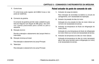 CAPÍTULO 3 - COMANDOS E INSTRUMENTOS DA MÁQUINA
3122365 – Plataforma elevatória JLG – 3-5
7. Conta-horas
O conta-horas pode registar até 9.999,9 horas e não
pode ser redefinido.
8. Comando da giratória
O comando da giratória permite rodar a plataforma gira-
tória da máquina num ângulo de 360 graus, não contí-
nuo, quando posicionado para a direita ou para a
esquerda.
9. Elevação da torre
Permite a elevação e abaixamento das Lanças Inferior e
Intermédia.
10. Elevação da lança principal
Para elevação e abaixamento da Lança Principal.
11. Telescópio
Para elevação e abaixamento da Lança Principal.
Painel avisador do posto de comando de solo
1. Indicador de carga da bateria
Para indicação de anomalias na bateria ou circuito de
carregamento, com necessidade de reparação.
2. Avisador da pressão de óleo do motor
Indicação de uma pressão do óleo do motor inferior ao
normal e de necessidade de serviço.
3. Indicador de temperatura do fluido de refrigeração do
motor (Ford).
Indicação de uma temperatura do fluido de refrigeração
do motor inferior ao normal e de necessidade de serviço.
4. Indicador de temperatura do óleo do motor (Deutz)
Indicação de temperatura do óleo do motor demasiado
alta (o óleo serve também para a refrigeração do motor)
e da necessidade de serviço.
 