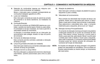 CAPÍTULO 3 - COMANDOS E INSTRUMENTOS DA MÁQUINA
3122365 – Plataforma elevatória JLG – 3-11
6. Selecção do combustível (apenas em máquina com
motores multi-combustível; se instalado)
Mover o interruptor para a posição correspondente ao
combustível desejado (gasolina ou GPL).
7. Luzes (se instaladas)
Este interruptor comanda as luzes do painel da consola
de comando e os faróis dianteiros, se instalados na
máquina.
8. Condução/Direcção
O punho de comando da CONDUÇÃO destina-se a con-
trolar o sentido da marcha (para a frente ou para atrás).
O controlador é do tipo modulado, de modo a permitir a
velocidade variável do movimento.
A direcção é controlada através de um interruptor de
accionamento pelo polegar, situado no topo do punho
de comando.
9. Comando do telescópio da lança
Este comando permite controlar a extensão e retracção
da lança principal.
10. Lança de guindaste articulada (se instalada)
Este interruptor destina-se a comandar a elevação e abai-
xamento da lança de guindaste.
11. Elevação da torre ou lança inferior
Permite a elevação ou abaixamento da torre e das lanças
intermédias, quando posicionado para cima ou para
baixo.
12. Rotação da plataforma
Este interruptor controla a rotação da plataforma (para a
esquerda ou para a direita).
13. Velocidade de funcionamento
Para controlo da velocidade das funções da lança e da
giratória. Rodar para a esquerda para reduzir a veloci-
dade e rodar para a direita, para aumentar a velocidade.
Para seleccionar a velocidade lenta, rodar o comando
totalmente para a esquerda, até se ouvir um “clique”.
14. Elevação da lança Principal/Giratória
O comando de elevação da lança principal e da giratória
é efectuado através de um punho de comando de dois
eixos. Para elevar a lança, empurrar o punho para a
frente; puxar para trás, para descer. Mover o punho para
a direita para rodar à direita e mover para a esquerda,
para rodar à esquerda. O comando proporcional destas
funções pode ser obtido através da utilização do
comando da Função de Velocidade.
NOTA: As funções de elevação da lança principal e da giratória
podem ser executadas em simultâneo. Com as ambas as
funções seleccionadas ao mesmo tempo, os movimentos
são mais lentos.
 