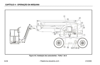 CAPÍTULO 4 - OPERAÇÃO DA MÁQUINA
4-14 – Plataforma elevatória JLG – 3122365
Figura 4-6. Instalação dos autocolantes – Folha 1 de 6
14
26
48 37
35 38
36
18
6
7
2
44
51
47
 