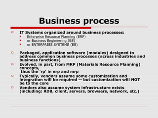 Business process


IT Systems organized around business processes:












Enterprise Resource Planning (ERP)
or Business Engineering (BE)
or ENTERPRISE SYSTEMS (ES)

Packaged, application software (modules) designed to
address common business processes (across industries and
business functions)
Evolved, in part, from MRP (Materials Resource Planning)
concepts,
thus the 'rp' in erp and mrp
Typically, vendors assume some customization and
integration will be required -- but customization will NOT
be to the core
Vendors also assume system infrastructure exists
(including: RDB, client, servers, browsers, network, etc.)

 