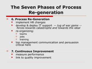 The Seven Phases of Process
Re-generation


6. Process Re-Generation

implement HR changes

develop & deploy IT support -- tug of war game -forces towards catastrophe and towards the ideal

re-organizing:








teams
jobs
training

top management communication and persuasion
critical here

7. Continuous Improvement

measure performance

link to quality improvement

 