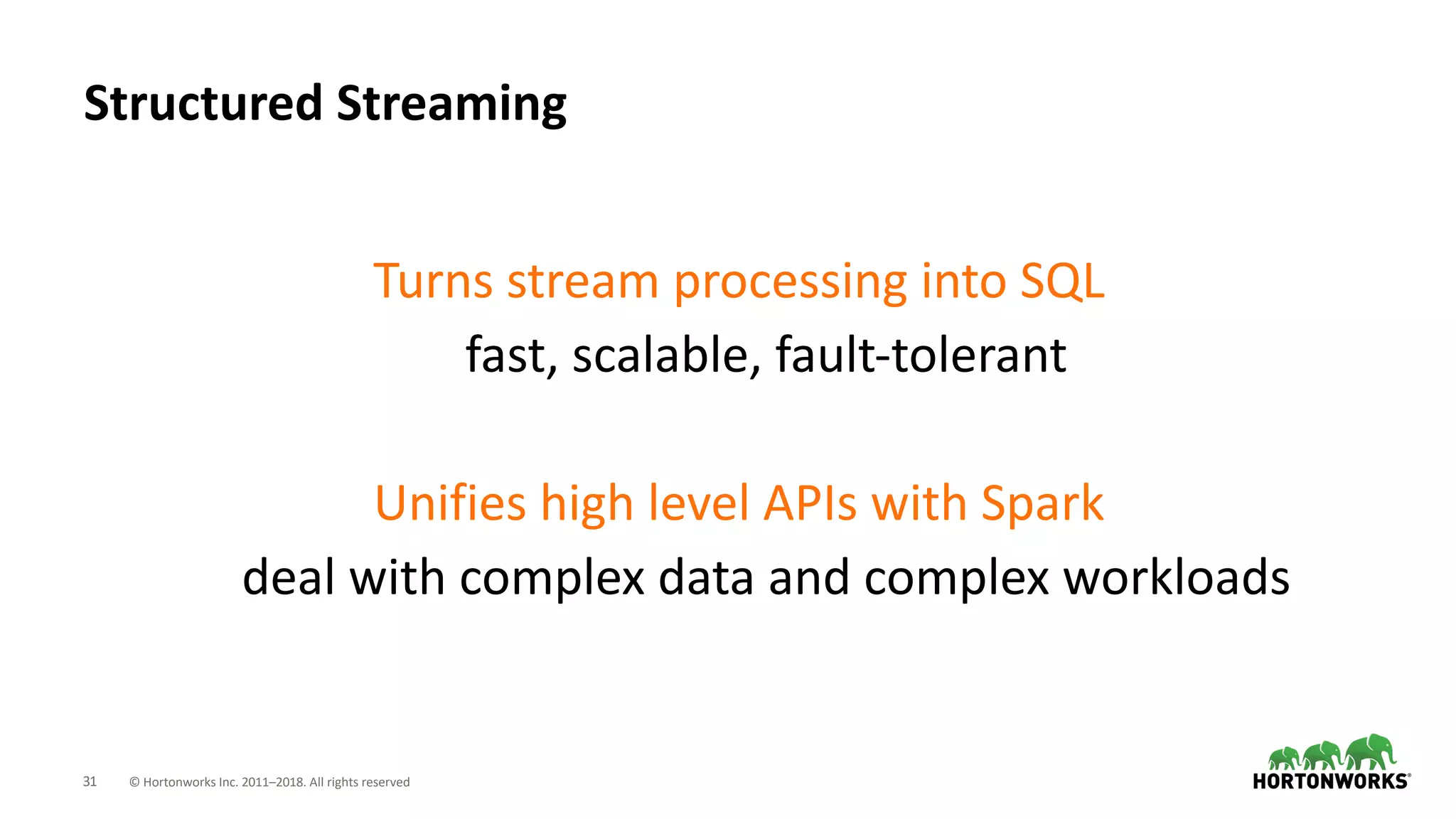 31 © Hortonworks Inc. 2011–2018. All rights reserved
Structured Streaming
Turns stream processing into SQL
fast, scalable, fault-tolerant
Unifies high level APIs with Spark
deal with complex data and complex workloads
 