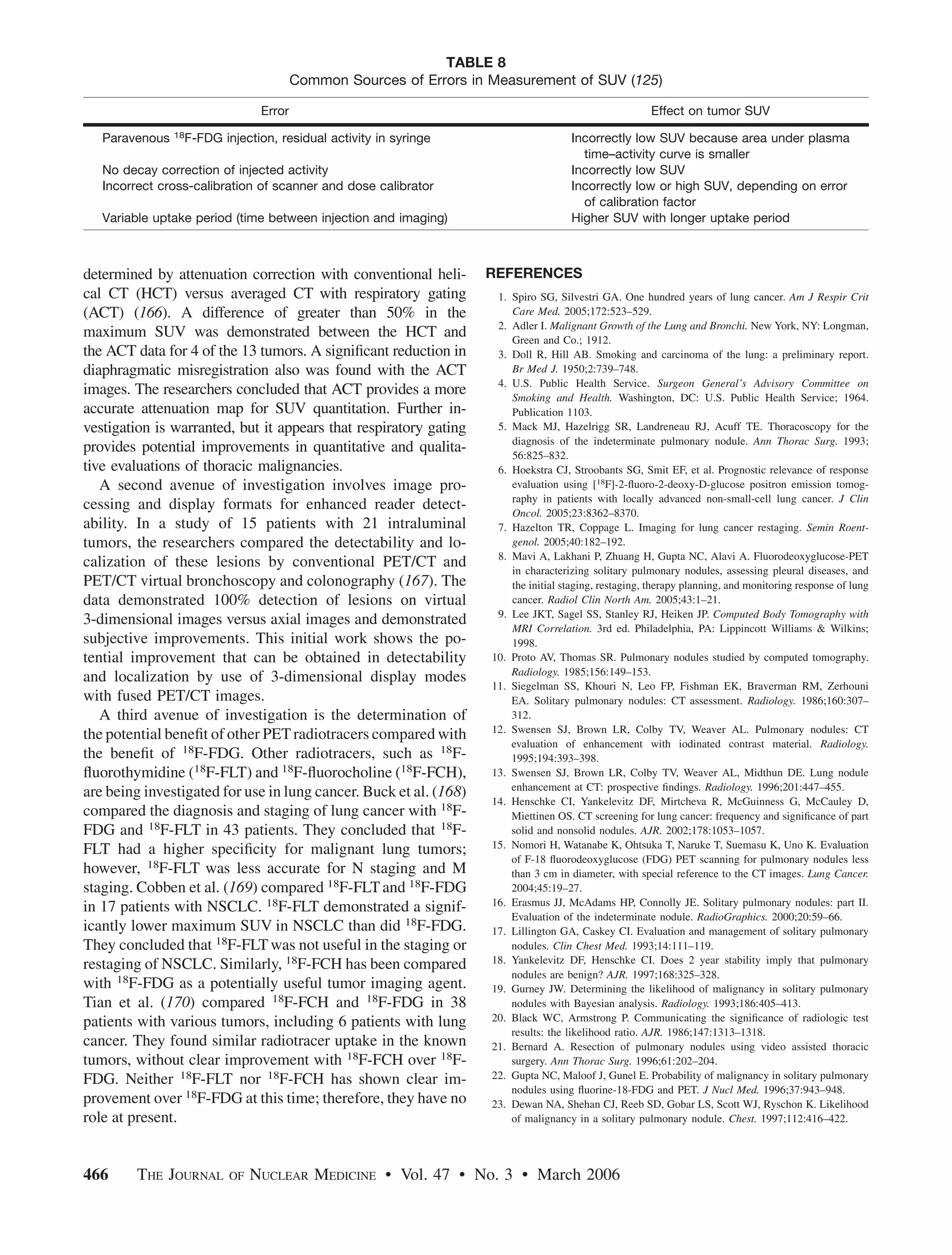 TABLE 8
                                        Common Sources of Errors in Measurement of SUV (125)

                                Error                                                                  Effect on tumor SUV

   Paravenous   18F-FDG   injection, residual activity in syringe                    Incorrectly low SUV because area under plasma
                                                                                       time–activity curve is smaller
   No decay correction of injected activity                                          Incorrectly low SUV
   Incorrect cross-calibration of scanner and dose calibrator                        Incorrectly low or high SUV, depending on error
                                                                                       of calibration factor
   Variable uptake period (time between injection and imaging)                       Higher SUV with longer uptake period



determined by attenuation correction with conventional heli-        REFERENCES
cal CT (HCT) versus averaged CT with respiratory gating              1. Spiro SG, Silvestri GA. One hundred years of lung cancer. Am J Respir Crit
(ACT) (166). A difference of greater than 50% in the                    Care Med. 2005;172:523–529.
                                                                     2. Adler I. Malignant Growth of the Lung and Bronchi. New York, NY: Longman,
maximum SUV was demonstrated between the HCT and                        Green and Co.; 1912.
the ACT data for 4 of the 13 tumors. A signiﬁcant reduction in       3. Doll R, Hill AB. Smoking and carcinoma of the lung: a preliminary report.
diaphragmatic misregistration also was found with the ACT               Br Med J. 1950;2:739–748.
                                                                     4. U.S. Public Health Service. Surgeon General’s Advisory Committee on
images. The researchers concluded that ACT provides a more              Smoking and Health. Washington, DC: U.S. Public Health Service; 1964.
accurate attenuation map for SUV quantitation. Further in-              Publication 1103.
vestigation is warranted, but it appears that respiratory gating     5. Mack MJ, Hazelrigg SR, Landreneau RJ, Acuff TE. Thoracoscopy for the
                                                                        diagnosis of the indeterminate pulmonary nodule. Ann Thorac Surg. 1993;
provides potential improvements in quantitative and qualita-            56:825–832.
tive evaluations of thoracic malignancies.                           6. Hoekstra CJ, Stroobants SG, Smit EF, et al. Prognostic relevance of response
   A second avenue of investigation involves image pro-                 evaluation using [18F]-2-ﬂuoro-2-deoxy-D-glucose positron emission tomog-
                                                                        raphy in patients with locally advanced non-small-cell lung cancer. J Clin
cessing and display formats for enhanced reader detect-                 Oncol. 2005;23:8362–8370.
ability. In a study of 15 patients with 21 intraluminal              7. Hazelton TR, Coppage L. Imaging for lung cancer restaging. Semin Roent-
tumors, the researchers compared the detectability and lo-              genol. 2005;40:182–192.
                                                                     8. Mavi A, Lakhani P, Zhuang H, Gupta NC, Alavi A. Fluorodeoxyglucose-PET
calization of these lesions by conventional PET/CT and                  in characterizing solitary pulmonary nodules, assessing pleural diseases, and
PET/CT virtual bronchoscopy and colonography (167). The                 the initial staging, restaging, therapy planning, and monitoring response of lung
data demonstrated 100% detection of lesions on virtual                  cancer. Radiol Clin North Am. 2005;43:1–21.
                                                                     9. Lee JKT, Sagel SS, Stanley RJ, Heiken JP. Computed Body Tomography with
3-dimensional images versus axial images and demonstrated
                                                                        MRI Correlation. 3rd ed. Philadelphia, PA: Lippincott Williams & Wilkins;
subjective improvements. This initial work shows the po-                1998.
tential improvement that can be obtained in detectability           10. Proto AV, Thomas SR. Pulmonary nodules studied by computed tomography.
                                                                        Radiology. 1985;156:149–153.
and localization by use of 3-dimensional display modes
                                                                    11. Siegelman SS, Khouri N, Leo FP, Fishman EK, Braverman RM, Zerhouni
with fused PET/CT images.                                               EA. Solitary pulmonary nodules: CT assessment. Radiology. 1986;160:307–
   A third avenue of investigation is the determination of              312.
                                                                    12. Swensen SJ, Brown LR, Colby TV, Weaver AL. Pulmonary nodules: CT
the potential beneﬁt of other PET radiotracers compared with
                                                                        evaluation of enhancement with iodinated contrast material. Radiology.
the beneﬁt of 18F-FDG. Other radiotracers, such as 18F-                 1995;194:393–398.
ﬂuorothymidine (18F-FLT) and 18F-ﬂuorocholine (18F-FCH),            13. Swensen SJ, Brown LR, Colby TV, Weaver AL, Midthun DE. Lung nodule
                                                                        enhancement at CT: prospective ﬁndings. Radiology. 1996;201:447–455.
are being investigated for use in lung cancer. Buck et al. (168)
                                                                    14. Henschke CI, Yankelevitz DF, Mirtcheva R, McGuinness G, McCauley D,
compared the diagnosis and staging of lung cancer with 18F-             Miettinen OS. CT screening for lung cancer: frequency and signiﬁcance of part
FDG and 18F-FLT in 43 patients. They concluded that 18F-                solid and nonsolid nodules. AJR. 2002;178:1053–1057.
FLT had a higher speciﬁcity for malignant lung tumors;              15. Nomori H, Watanabe K, Ohtsuka T, Naruke T, Suemasu K, Uno K. Evaluation
                                                                        of F-18 ﬂuorodeoxyglucose (FDG) PET scanning for pulmonary nodules less
however, 18F-FLT was less accurate for N staging and M                  than 3 cm in diameter, with special reference to the CT images. Lung Cancer.
staging. Cobben et al. (169) compared 18F-FLT and 18F-FDG               2004;45:19–27.
in 17 patients with NSCLC. 18F-FLT demonstrated a signif-           16. Erasmus JJ, McAdams HP, Connolly JE. Solitary pulmonary nodules: part II.
                                                                        Evaluation of the indeterminate nodule. RadioGraphics. 2000;20:59–66.
icantly lower maximum SUV in NSCLC than did 18F-FDG.                17. Lillington GA, Caskey CI. Evaluation and management of solitary pulmonary
They concluded that 18F-FLT was not useful in the staging or            nodules. Clin Chest Med. 1993;14:111–119.
restaging of NSCLC. Similarly, 18F-FCH has been compared            18. Yankelevitz DF, Henschke CI. Does 2 year stability imply that pulmonary
                                                                        nodules are benign? AJR. 1997;168:325–328.
with 18F-FDG as a potentially useful tumor imaging agent.           19. Gurney JW. Determining the likelihood of malignancy in solitary pulmonary
Tian et al. (170) compared 18F-FCH and 18F-FDG in 38                    nodules with Bayesian analysis. Radiology. 1993;186:405–413.
patients with various tumors, including 6 patients with lung        20. Black WC, Armstrong P. Communicating the signiﬁcance of radiologic test
                                                                        results: the likelihood ratio. AJR. 1986;147:1313–1318.
cancer. They found similar radiotracer uptake in the known          21. Bernard A. Resection of pulmonary nodules using video assisted thoracic
tumors, without clear improvement with 18F-FCH over 18F-                surgery. Ann Thorac Surg. 1996;61:202–204.
FDG. Neither 18F-FLT nor 18F-FCH has shown clear im-                22. Gupta NC, Maloof J, Gunel E. Probability of malignancy in solitary pulmonary
                                                                        nodules using ﬂuorine-18-FDG and PET. J Nucl Med. 1996;37:943–948.
provement over 18F-FDG at this time; therefore, they have no        23. Dewan NA, Shehan CJ, Reeb SD, Gobar LS, Scott WJ, Ryschon K. Likelihood
role at present.                                                        of malignancy in a solitary pulmonary nodule. Chest. 1997;112:416–422.




466      THE JOURNAL      OF   NUCLEAR MEDICINE • Vol. 47 • No. 3 • March 2006
 