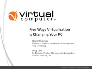 © 2009 Virtual Computer Inc. – Company Confidential1
Five Ways Virtualization
is Changing Your PC
© 2009 Virtual Computer Inc. – Company Confidential
Doug Lane
Sr. Director, Product Management & Marketing
Virtual Computer, Inc.
Rachel Chalmers
Research Director, Infrastructure Management
The 451 Group
 