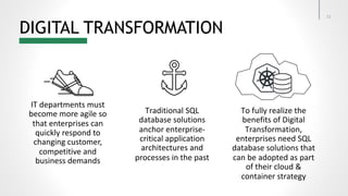 DIGITAL TRANSFORMATION
IT departments must
become more agile so
that enterprises can
quickly respond to
changing customer,
competitive and
business demands
Traditional SQL
database solutions
anchor enterprise-
critical application
architectures and
processes in the past
To fully realize the
benefits of Digital
Transformation,
enterprises need SQL
database solutions that
can be adopted as part
of their cloud &
container strategy
21
 