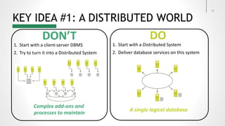 KEY IDEA #1: A DISTRIBUTED WORLD
29
1. Start with a client-server DBMS
2. Try to turn it into a Distributed System
1. Start with a Distributed System
2. Deliver database services on this system
DON’T DO
A single logical database
Complex add-ons and
processes to maintain
 