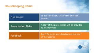 Housekeeping Items:
Questions?
A copy of the presentation will be provided
to all attendeesPresentation Slides
Feedback
To ask a question, click on the question
button
Don’t forget to leave feedback at the end
of the webinar
3
 