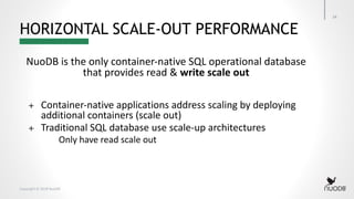Copyright © 2018 NuoDB
HORIZONTAL SCALE-OUT PERFORMANCE
34
NuoDB is the only container-native SQL operational database
that provides read & write scale out
+ Container-native applications address scaling by deploying
additional containers (scale out)
+ Traditional SQL database use scale-up architectures
Only have read scale out
 
