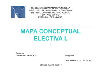 REPÚBLICA BOLIVARIANA DE VENEZUELA
MINISTERIO DEL PODER PARA LA EDUCACIÓN
INSTITUTO UNIVERSITARIO POLITECNICO
SANTIAGO MARIÑO
EXTENSION DE CARACAS.
MAPA CONCEPTUAL
ELECTIVA I.
.
Profesora:
DANIELA RODRÍGUEZ. Integrante:
LUIS MARIN CI: 12260759 (45)
Caracas, Agosto de 2017
 