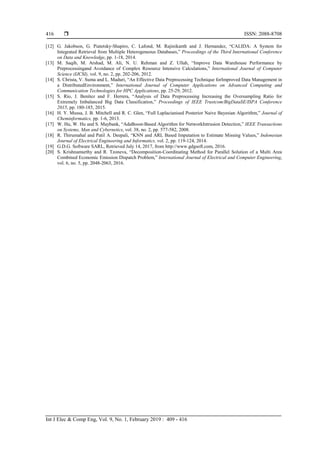  ISSN: 2088-8708
Int J Elec & Comp Eng, Vol. 9, No. 1, February 2019 : 409 - 416
416
[12] G. Jakobson, G. Piatetsky-Shapiro, C. Lafond, M. Rajinikanth and J. Hernandez, “CALIDA: A System for
Integrated Retrieval from Multiple Heterogeneous Databases,” Proceedings of the Third International Conference
on Data and Knowledge, pp. 1-18, 2014.
[13] M. Saqib, M. Arshad, M. Ali, N. U. Rehman and Z. Ullah, “Improve Data Warehouse Performance by
Preprocessingand Avoidance of Complex Resource Intensive Calculations,” International Journal of Computer
Science (IJCSI), vol. 9, no. 2, pp. 202-206, 2012.
[14] S. Christa, V. Suma and L. Maduri, “An Effective Data Preprocessing Technique forImproved Data Management in
a DistributedEnvironment,” International Journal of Computer Applications on Advanced Computing and
Communication Technologies for HPC Applications, pp. 25-29, 2012.
[15] S. Río, J. Benítez and F. Herrera, “Analysis of Data Preprocessing Increasing the Oversampling Ratio for
Extremely Imbalanced Big Data Classification,” Proceedings of IEEE Trustcom/BigDataSE/ISPA Conference
2015, pp. 180-185, 2015.
[16] H. Y. Mussa, J. B. Mitchell and R. C. Glen, “Full Laplacianised Posterior Naive Bayesian Algorithm,” Journal of
Cheminformatics, pp. 1-6, 2013.
[17] W. Hu, W. Hu and S. Maybank, “AdaBoost-Based Algorithm for NetworkIntrusion Detection,” IEEE Transactions
on Systems, Man and Cybernetics, vol. 38, no. 2, pp. 577-582, 2008.
[18] R. Thirumahal and Patil A. Deepali, “KNN and ARL Based Imputation to Estimate Missing Values,” Indonesian
Journal of Electrical Engineering and Informatics, vol. 2, pp. 119-124, 2014.
[19] G.D.G. Software SARL, Retrieved July 14, 2017, from http://www.gdgsoft.com, 2016.
[20] S. Krishnamurthy and R. Tzoneva, “Decomposition-Coordinating Method for Parallel Solution of a Multi Area
Combined Economic Emission Dispatch Problem,” International Journal of Electrical and Computer Engineering,
vol. 6, no. 5, pp. 2048-2063, 2016.
 