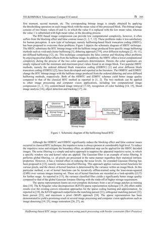 TELKOMNIKA Telecommun Comput El Control 
Halftoning-based BTC image reconstruction using patch processing with border constraint (Heri Prasetyo)
395
first moment, second moment, etc. The corresponding bitmap image is simply obtained by applying
the thresholding operation on each image block with the mean value of this processed block. This bitmap image
consists of two binary values (0 and 1), in which the value 0 is replaced with the low mean value, whereas
the value 1 is substituted with high mean value, in the decoding process.
The BTC-based image compression can provide low computational complexity, however, it often
suffers from the blocking effect and false contour issues [1, 2, 7, 12]. These problems make it less satisfactory
for human perception. A new type of technique, namely halftoning-based block truncation coding (HBTC),
has been proposed to overcome these problems. Figure 1 depicts the schematic diagram of HBTC technique.
The HBTC substitutes the BTC bitmap image with the halftone image produced from specific image halftoning
methods such as void-and-cluster halftoning [1], dithering approach [7-9], error diffusion technique [2, 10, 11],
dot diffused halftoning [12], etc. This technique compensates the false contour and blocking effect problems
by enjoying peculiar dither effects from the halftone image. In addition, the HBTC offers a lower computational
complexity during the process of the two color quantizers determination. Herein, the color quantizers are
simply replaced with the minimum and maximum pixel values found in an image block. Two popular HBTC
methods, namely the ordered dithered block truncation coding (ODBTC) [1] and error diffusion block
truncation coding (EDBTC) [2], have been developed and reported in the literature. The ODBTC and EDBTC
change the BTC bitmap image with the halftone image produced from the ordered dithering and error diffused
halftoning methods, respectively. Both of the ODBTC and EDBTC schemes yield better image quality
compared to that of the classical BTC method as reported in [1, 2]. The two methods can be applied
to other image processing and computer vision applications, including low computational image
compression [1, 2, 11], content-based image retrieval [7-10], recognition of color building [14, 15], blood
image analysis [16], object detection and tracking [17], etc.
Input Image
Bitmap Image
Generation
Quantizer
Determination
Halftoning-BTC
Decoding
Min and Max Quantizer
Bitmap Image
Decoded ImageTransmission Channel
Figure 1. Schematic diagram of the halftoning-based BTC
Although the ODBTC and EDBTC significantly reduce the blocking effect and false contour issues
occurred in classical BTC technique, the impulsive noise is always present at considerably high level. To reduce
the impulsive noise and mitigate the boundary effect, an additional step can be applied for the HBTC decoded
images. The noise filtering is a simple and naïve approach to suppress the appeared impulsive noise, in which
a specific window size and kernel value are applied. The Gaussian filter is an example of noise filtering. It
performs global filtering, i.e. all pixels are processed in the same manner regardless their statistical intrinsic
properties. However, it has a limited effect in reducing the noise levels. An extended Gaussian filtering has
been proposed in [13], namely variance classified filtering. This approach applies various kernel functions for
various pixels, and the choice of kernel function is determined by the variance within an image block. In this
particular method, a set of kernel functions can be iteratively offline-trained using the least-mean-squared
(LMS) over various images training set. These set of kernel functions are recorded as a look-up-table (LUT)
for further usage. As reported in [13], the variance classified filter yields a significantly better image quality
compared to that of the global Gaussian lowpass filtering with the trade-off of higher storage requirement.
The sparse representation learns an over-complete dictionary from a set of image patches as training
data [18]. The K-Singular value decomposition (KSVD) sparse representation technique [19, 20] offers stable
results over the existing convex relaxation approaches for the sparse coding learning and approximation. As
reported in [19], the KSVD approach outperforms the matching pursuit [21], orthogonal matching pursuit [22],
basis pursuit [23], and maximum a priori (MAP) approach [24]. The sparse representation has been
demonstrated to yield a promising result in several image processing and computer vision applications such as
image denoising [19, 25], image restoration [26, 27], etc.
 