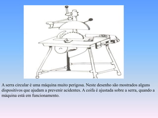 A serra circular é uma máquina muito perigosa. Neste desenho são mostrados alguns
dispositivos que ajudam a prevenir acidentes. A coifa é ajustada sobre a serra, quando a
máquina está em funcionamento.
 