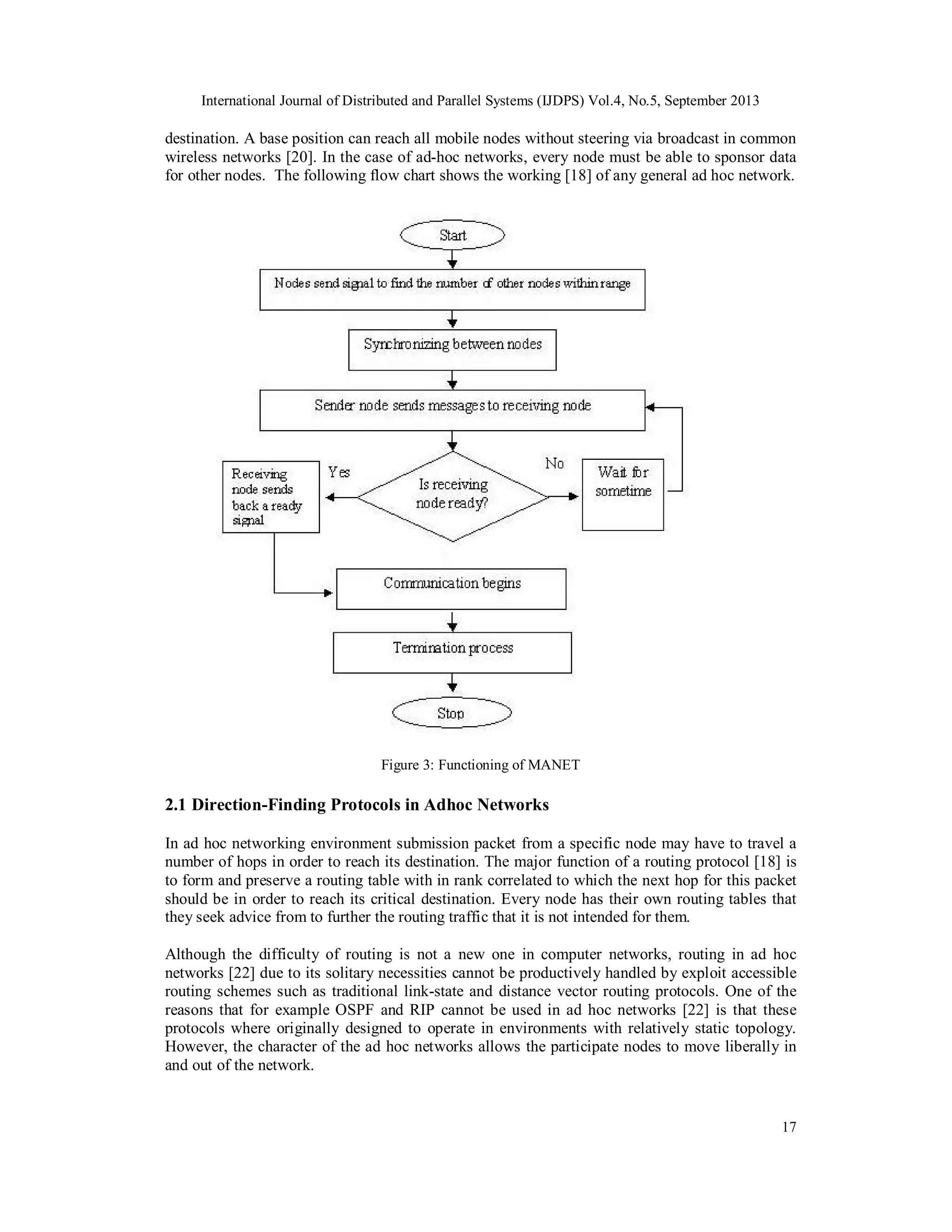 International Journal of Distributed and Parallel Systems (IJDPS) Vol.4, No.5, September 2013
17
destination. A base position can reach all mobile nodes without steering via broadcast in common
wireless networks [20]. In the case of ad-hoc networks, every node must be able to sponsor data
for other nodes. The following flow chart shows the working [18] of any general ad hoc network.
Figure 3: Functioning of MANET
2.1 Direction-Finding Protocols in Adhoc Networks
In ad hoc networking environment submission packet from a specific node may have to travel a
number of hops in order to reach its destination. The major function of a routing protocol [18] is
to form and preserve a routing table with in rank correlated to which the next hop for this packet
should be in order to reach its critical destination. Every node has their own routing tables that
they seek advice from to further the routing traffic that it is not intended for them.
Although the difficulty of routing is not a new one in computer networks, routing in ad hoc
networks [22] due to its solitary necessities cannot be productively handled by exploit accessible
routing schemes such as traditional link-state and distance vector routing protocols. One of the
reasons that for example OSPF and RIP cannot be used in ad hoc networks [22] is that these
protocols where originally designed to operate in environments with relatively static topology.
However, the character of the ad hoc networks allows the participate nodes to move liberally in
and out of the network.
 