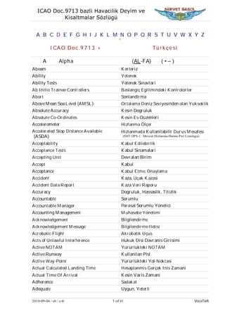 ICAO Doc.9713 bazli Havacilik Deyim ve
            Kisaltmalar Sözlügü


  A B C D E F G H I J K L M N O P Q R S T U V W X Y Z
                                           ˜
            I CA O D o c.9 7 1 3 +                                 Tü r k çe si

       A           Alpha                              (AL-FA)            (•–)
Abeam                                          K er ter iz
Ability                                        Yetenek
Ability Tests                                  Yetenek Sinavlar i
Ab I nitio Tr ainee Contr oller s              Baslangiç Egitimindeki K ontr olör ler
Abor t                                         Sonlandir ma
Above M ean Sea L evel (AM SL )                Or tal ama Deniz Seviyesi nden olan Yükseklik
Absolute Accur acy                             K esin Dogr uluk
Absolute Co-Or dinates                         K esin Es-Düzenler i
Acceler ometer                                 Hizl anma Ölçer
Acceler ated Stop Distance Available           Hizl anmada K ullanilabilir Dur us M esafesi
 (ASDA)                                         (SHT OPS -1 : Mevcut Hizlanma-Durma P ist Uzunlugu)

Acceptability                                  K abul Edilebir lik
Acceptance Tests                               K abul Sinamalar i
Accepting Unit                                 Devr alan Bir im
Accept                                         K abul
Acceptance                                     K abul Etme, Onaylama
Accident                                       K aza, Uçak K azasi
Accident Data Repor t                          K aza Ver i Rapor u
Accur acy                                      Dogr uluk, Hassaslik, Ti t izli k
Accountable                                    Sor umlu
Accountable M anager                           Parasal Sor umlu Yönetici
Accounting M anagement                         M uhasebe Yönetimi
Acknowledgement                                Bilgilendir me
Acknowledgement M essage                       Bilgilendir me I letisi
Acr obatic Flight                              Akr obatik Uçus
Acts of Unlawful I nter fer ence               Hukuk Disi Davr anis Gir isimi
Active NOTAM                                   Yür ür lükteki NOTAM
Active Runway                                  K ullanilan Pist
Active Way -Point                              Yür ür lükteki Yol-Noktasi
Actual Calculated L anding Time                Hesaplanmis Ger çek I nis Zamani
Actual Time Of Ar r ival                       K esin Var is Zamani
Adher ence                                     Sadakat
Adequate                                       Uygun, Yeter li

2010-09 -04 / sb / e-tr                1 of 41                                                 VocaTürk
 