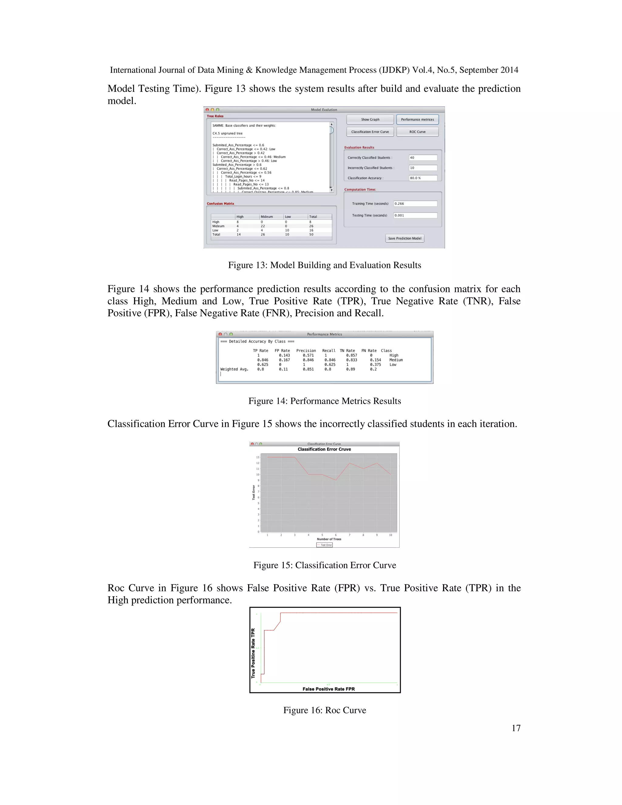 International Journal of Data Mining Knowledge Management Process (IJDKP) Vol.4, No.5, September 2014 Model Testing Time). Figure 13 shows the system results after build and evaluate the prediction model. 17 Figure 13: Model Building and Evaluation Results Figure 14 shows the performance prediction results according to the confusion matrix for each class High, Medium and Low, True Positive Rate (TPR), True Negative Rate (TNR), False Positive (FPR), False Negative Rate (FNR), Precision and Recall. Figure 14: Performance Metrics Results Classification Error Curve in Figure 15 shows the incorrectly classified students in each iteration. Figure 15: Classification Error Curve Roc Curve in Figure 16 shows False Positive Rate (FPR) vs. True Positive Rate (TPR) in the High prediction performance. Figure 16: Roc Curve 
