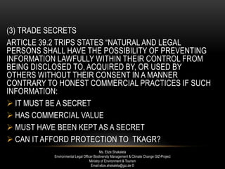 (3) TRADE SECRETS
ARTICLE 39.2 TRIPS STATES “NATURAL AND LEGAL
PERSONS SHALL HAVE THE POSSIBILITY OF PREVENTING
INFORMATION LAWFULLY WITHIN THEIR CONTROL FROM
BEING DISCLOSED TO, ACQUIRED BY, OR USED BY
OTHERS WITHOUT THEIR CONSENT IN A MANNER
CONTRARY TO HONEST COMMERCIAL PRACTICES IF SUCH
INFORMATION:
 IT MUST BE A SECRET
 HAS COMMERCIAL VALUE
 MUST HAVE BEEN KEPT AS A SECRET
 CAN IT AFFORD PROTECTION TO TKAGR?
Ms. Elize Shakalela
Environmental Legal Officer Biodiversity Management & Climate Change GIZ-Project
Ministry of Environment & Tourism
Email:elize.shakalela@giz.de ©
 