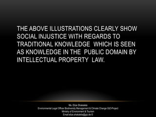 THE ABOVE ILLUSTRATIONS CLEARLY SHOW
SOCIAL INJUSTICE WITH REGARDS TO
TRADITIONAL KNOWLEDGE WHICH IS SEEN
AS KNOWLEDGE IN THE PUBLIC DOMAIN BY
INTELLECTUAL PROPERTY LAW.
Ms. Elize Shakalela
Environmental Legal Officer Biodiversity Management & Climate Change GIZ-Project
Ministry of Environment & Tourism
Email:elize.shakalela@giz.de ©
 