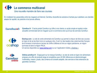Carrefour.fr : C’est le portail Carrefour qui offre à nos clients un accès simple et rapide à notre
actualité commerciale tant en magasin qu’en e-commerce ainsi qu'à tous les services Carrefour.
En multipliant les passerelles entre les magasins et Internet, Carrefour diversifie les solutions d’achats pour satisfaire une clientèle
adepte de rapidité, de praticité et de bonnes affaires.
Ooshop.com : Le site de vente alimentaire de Carrefour qui permet à chacun de faire ses courses
en ligne et de se les faire livrer en quelques clics. Il est l’un des leaders des cybermarchés français
de la livraison à domicile en termes de chiffre d’affaires et livre en région parisienne, en région
lyonnaise et dans la région PACA.
Un service disponible sur www.ooshop.com ou sur l’application mobile « Ooshop »
Online.carrefour.fr : S’appuyant sur la marque Carrefour, ce site de vente en ligne non alimentaire
propose une offre de produits large et compétitive avec 40 000 références en électroménager,
multimédia, maison, jouets, des contenus et conseils adaptés, des services et des extensions de
garanties Carrefour.
Présentation Carrefour France– Juin 2015 –.
Le commerce multicanal
Une nouvelle manière de faire ses courses
1212 Présentation Carrefour France– Juin 2015 –.
 