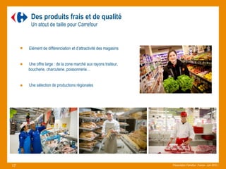 Des produits frais et de qualité
Un atout de taille pour Carrefour
Elément de différenciation et d’attractivité des magasins
Une offre large : de la zone marché aux rayons traiteur,
boucherie, charcuterie, poissonnerie…
Une sélection de productions régionales
Présentation Carrefour France– Juin 2015 –.17
 