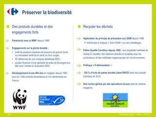 Préserver la biodiversité
Présentation Carrefour France– Juin 2015 –.
Des produits durables et des
engagements forts
Partenariat avec le WWF depuis 1998.
Engagements sur la pêche durable :
• arrêt de plusieurs espèces de poissons de grands fonds
ou menacées (arrêt de la vente du thon rouge).
• 50 références de nos marques labellisées MSC ;
• soutien financier d’une pêcherie de soles de Boulogne-sur-
Mer pour l’entrée en évaluation MSC.
Développement d’une offre bio en magasin depuis 1992 :
plus de 1 800 produits alimentaires et non alimentaires en
France.
Recycler les déchets
Application du principe de précaution aux OGM depuis 1996.
1er distributeur à indiquer « Sans OGM » sur ses emballages.
Filière Qualité Carrefour depuis 1992 : une traçabilité maîtrisée du
champ à l’assiette, des relations directes et durables avec les
producteurs, et des méthodes respectueuses de l’environnement.
Politique « 0 déforestation ».
100 % d’huile de palme durable (label RSPO) dans les produits
Carrefour fin 2015.
Des ruches gérées par des apiculteurs locaux près de certains
magasins.
26
 