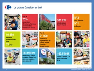 Le groupe Carrefour en bref
10 860
magasins
sous enseignes
dans
33 pays
12,5 millions
de passages clients
en caisse chaque jour
dans nos magasins
dans le monde
100,5 Md€
Chiffre d’affaires TTC
sous enseignes
2014
381 227
collaborateurs
dans le monde
Près de
75%
des produits
alimentaires Carrefour
proviennent de
fournisseurs locaux
N°2
dans le monde
N°1
en Europe
Plus de
21 000
producteurs
engagés dans les
Filières Qualité
Carrefour
dans le monde
Données au 31 décembre 2014
Présentation Carrefour France– Juin 2015 –.4
 
