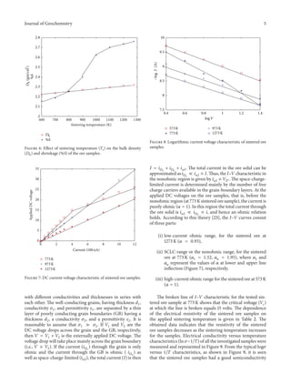 Journal of Geochemistry 5
600 700 800 900 1000 1100 1200 1300
Sintering temperature (K)
2.8
2.7
2.6
2.5
2.4
2.3
2.2
2.1
2
%S
%S
Db(gm/cm3
)
Db
Figure 6: Effect of sintering temperature (𝑇s) on the bulk density
(𝐷b) and shrinkage (%S) of the ore samples.
0 2 4 6 8 10 12
0
5
10
15
20
25
30
35
AppliedDCvoltage
773K
973K
1273K
Current (100 nA)
Figure 7: DC current voltage characteristic of sintered ore samples.
with different conductivities and thicknesses in series with
each other. The well-conducting grains, having thickness 𝑑1,
conductivity 𝜎1, and permittivity 𝜀1, are separated by a thin
layer of poorly conducting grain boundaries (GB) having a
thickness 𝑑2, a conductivity 𝜎2, and a permittivity 𝜀2. It is
reasonable to assume that 𝜎1 ≫ 𝜎2. If 𝑉1 and 𝑉2 are the
DC voltage drops across the grain and the GB, respectively,
then 𝑉 = 𝑉1 + 𝑉2 is the externally applied DC voltage. The
voltage drop will take place mainly across the grain boundary
(i.e., 𝑉 ≅ 𝑉2). If the current (𝑖Ω1
) through the grain is only
ohmic and the current through the GB is ohmic ( 𝑖Ω2
) as
well as space-charge-limited (𝑖scl), the total current (𝐼) is then
573K
773K
973K
1273K
0.4 0.6 0.8 1 1.2 1.4
10
9.5
9
8.5
8
7.5
−logI(A)
log V
Figure 8: Logarithmic current voltage characteristic of sintered ore
samples.
𝐼 = 𝑖Ω1
+ 𝑖Ω2
+ 𝑖𝑠𝑐𝑙. The total current in the ore solid can be
approximated as 𝑖Ω2
≪ 𝑖scl ≅ 𝐼. Thus, the 𝐼–𝑉 characteristic in
the nonohmic region is given by 𝑖scl ≡ 𝑉2 𝛼 . The space-charge-
limited current is determined mainly by the number of free
charge carriers available in the grain-boundary layers. At the
applied DC voltages on the ore samples, that is, before the
nonohmic region (at 773 K sintered ore sample), the current is
purely ohmic (𝛼 = 1). In this region the total current through
the ore solid is 𝑖scl ≪ 𝑖Ω2
≅ 𝑖, and hence an ohmic relation
holds. According to this theory [23], the 𝐼–𝑉 curves consist
of three parts:
(i) low-current ohmic range, for the sintered ore at
1273 K (𝛼 = 0.93),
(ii) SCLC range or the nonohmic range, for the sintered
ore at 773 K (𝛼1 = 1.52, 𝛼 𝑢 = 1.95), where 𝛼1 and
𝛼 𝑢 represent the values of 𝛼 at lower and upper line
inflection (Figure 7), respectively.
(iii) high-current ohmic range for the sintered ore at 573 K
(𝛼 = 1).
The broken line of 𝐼–𝑉 characteristic for the tested sin-
tered ore sample at 773 K shows that the critical voltage (𝑉c)
at which the line is broken equals 15 volts. The dependence
of the electrical resistivity of the sintered ore samples on
the applied sintering temperature is given in Table 2. The
obtained data indicates that the resistivity of the sintered
ore samples decreases as the sintering temperature increases
for the samples. Electrical conductivity versus temperature
characteristics (ln 𝜎−1/𝑇) of all the investigated samples were
measured and represented in Figure 9. From the typical log𝜎
versus 1/𝑇 characteristics, as shown in Figure 9, it is seen
that the sintered ore samples had a good semiconductivity
 