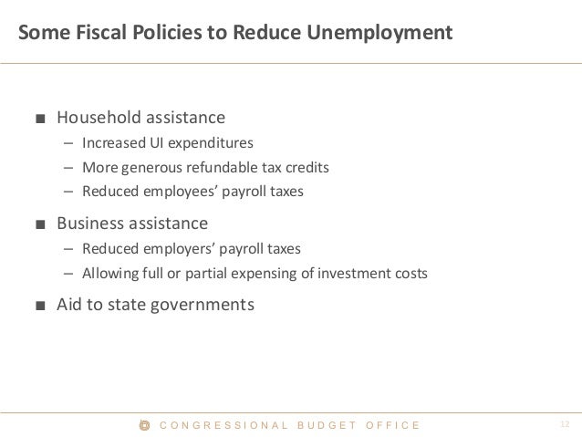 C O N G R E S S I O N A L B U D G E T O F F I C E
Some Fiscal Policies to Reduce Unemployment
■ Household assistance
– Inc...