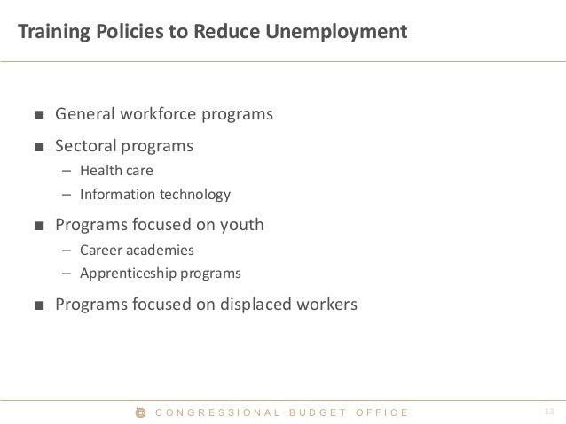 C O N G R E S S I O N A L B U D G E T O F F I C E
Training Policies to Reduce Unemployment
■ General workforce programs
■ ...