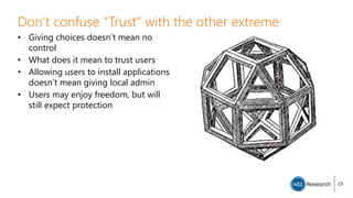 Don’t confuse “Trust” with the other extreme
• Giving choices doesn’t mean no
control
• What does it mean to trust users
• Allowing users to install applications
doesn’t mean giving local admin
• Users may enjoy freedom, but will
still expect protection
25
 