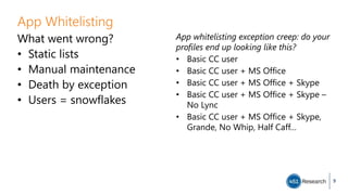 App Whitelisting
What went wrong?
• Static lists
• Manual maintenance
• Death by exception
• Users = snowflakes
App whitelisting exception creep: do your
profiles end up looking like this?
• Basic CC user
• Basic CC user + MS Office
• Basic CC user + MS Office + Skype
• Basic CC user + MS Office + Skype –
No Lync
• Basic CC user + MS Office + Skype,
Grande, No Whip, Half Caff…
9
 
