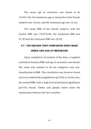 65
The mean age at menarche was found to be
13.54±1.02, the maximum age at menarche of the female
subjects was 16 yrs, and the minimum age was 12 yrs.
The mean BMI of the female subjects with low
normal BMI was 19.67±0.89, the maximum BMI was
21.30 and the minimum BMI was 18.59.
4.7 CHI SQUARE TEST COMPARING BODY MASS
INDEX AND AGE AT MENARCHE
Upon completion of analysis of the data, a negative
correlation between BMI and age at menarche was found.
The same was realized in all the categories and sub-
classification of BMI. This correlation was however found
not to be statistically insignificant (p>0.05) in all but one,
the normal BMI, with a high level of statistical significance
(p<0.01) found. Tables and graphs below show the
relationship between the two variables.
 