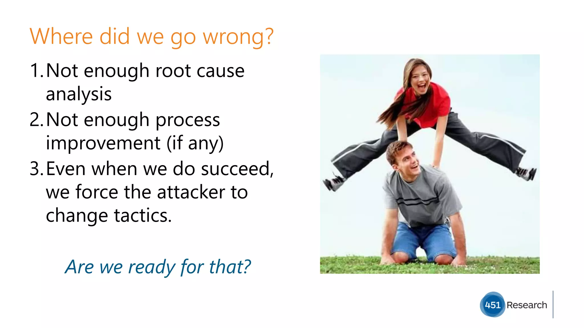 Where did we go wrong?
1.Not enough root cause
analysis
2.Not enough process
improvement (if any)
3.Even when we do succeed,
we force the attacker to
change tactics.
Are we ready for that?
 