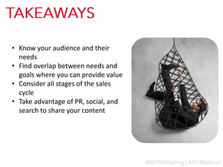 • Know your audience and their
needs
• Find overlap between needs and
goals where you can provide value
• Consider all stages of the sales
cycle
• Take advantage of PR, social, and
search to share your content

 