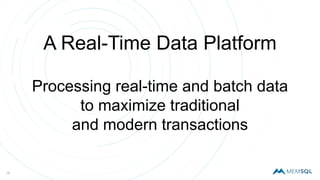 A Real-Time Data Platform
Processing real-time and batch data
to maximize traditional
and modern transactions
18
 