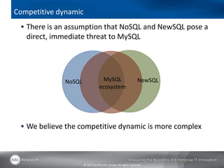 Competitive dynamic
  There is an assumption that NoSQL and NewSQL pose a
   direct, immediate threat to MySQL




      ...