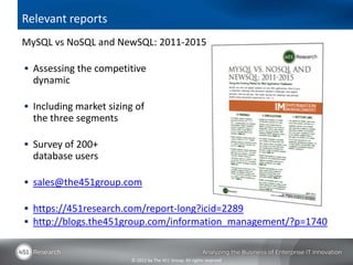 Relevant reports
MySQL vs NoSQL and NewSQL: 2011-2015

 Assessing the competitive
  dynamic

 Including market sizing of...