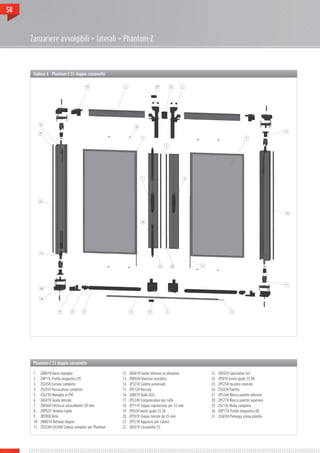 58



     Zanzariere avvolgibili > laterali > Phantom-Z



      Esploso 4 - Phantom-Z 55 doppio cassonetto




      Phantom-Z 55 doppio cassonetto

      1.	    ZAB01H Barra maniglia                       12.	   ZAG01H Guida inferiore in alluminio    23.	   ZNS020 Spazzolino 5x7
      2.	    ZNP11L Profilo magnetico D5                 13.	   ZNP02H Nastrino metallico              24.	   ZPI01H Invito guida 55 DX
      3.	    ZSC05H Corsoio completo                     14.	   ZPT210 Calotta universale              25.	   ZPF25H Incastro centrale
      4.	    ZSC01H Passacatena completo                 15.	   ZPC12H Boccola                         26.	   ZSC02H Paletto
      5.	    ZCA21H Maniglia in PVC                      16.	   ZAR01V Rullo D26                       27.	   ZPF26H Blocca paletto inferiore
      6.	    ZAG01V Guida laterale                       17.	   ZPC24H Compensatore per rullo          28.	   ZPF27H Blocca paletto superiore
      7.	    ZNF060 Fettuccia autosaldante 50 mm         18.	   ZPT11V Coppia copritestate per 55 mm   29.	   ZSC130 Molla completa
      8.	    ZNP020 Tondino rigido                       19.	   ZPI02H Invito guida 55 SX              30.	   ZNP11X Profilo magnetico D6
      9.	    ZRV000 Rete                                 20.	   ZPT01V Coppia testate da 55 mm         31.	   ZCA03H Prolunga astina paletto
      10.	   ZMB010 Bottone doppio                       21.	   ZPF21H Aggancio per catena
      11.	   ZSC03H+ZSC04H Catena completa per Phantom   22.	   ZAC01V Cassonetto 55
 