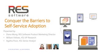 © 2015 RES SOFTWARE – ALL RIGHTS RESERVED
Conquer the Barriers to
Self-Service Adoption
Presented by
• Diana Wong, RES Software Product Marketing Director
• William Fellows, 451 VP Research
• Agatha Poon, 451 Senior Analyst
 