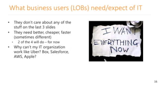 What business users (LOBs) need/expect of IT
16
• They don’t care about any of the
stuff on the last 3 slides
• They need better, cheaper, faster
(sometimes different)
• 2 of the 4 will do – for now
• Why can’t my IT organization
work like Uber? Box, Salesforce,
AWS, Apple?
 
